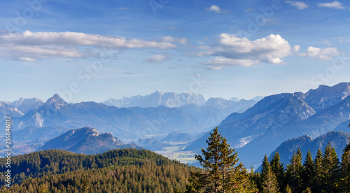 Fototapeta Naklejka Na Ścianę i Meble -  Areal view from hillside at the magnificent Alps mountain range, Germany