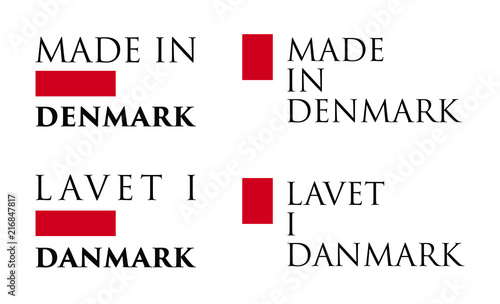 Simple Made in  Denmark / Lavet i Danmark (danish translation) label. Text with national colors arranged horizontal and vertical.