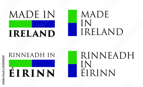 Simple Made in Ireland / Rinneadh in Eirinn (irish translation) label. Text with national colors arranged horizontal and vertical.