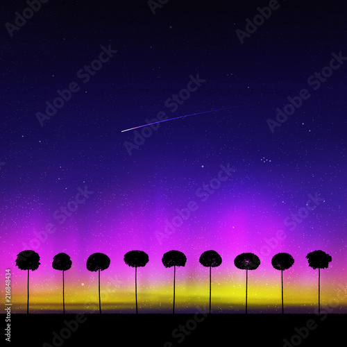 Landscape with trees at night. Vector illustration with isolated silhouettes of maples growing in grass. Northern lights in starry sky. Colorful aurora borealis