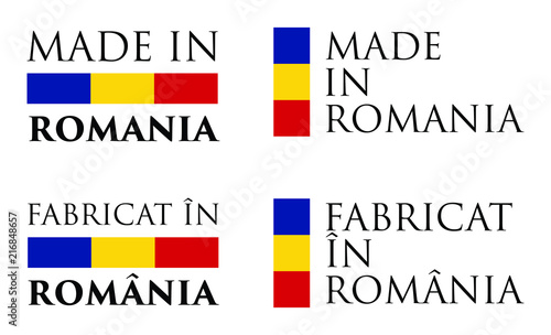 Simple Made in Romania / Fabricat in (romanian translation) label. Text with national colors arranged horizontal and vertical.