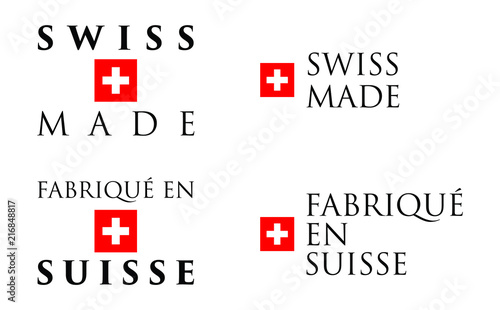 Simple Swiss Made / Fabrique en Suisse (french translation) label. Text with national helvetic cross symbol arranged horizontal and vertical.