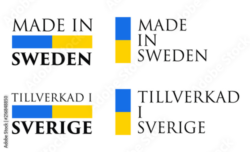 Simple Made in Sweden / Tillverkad i Sverige (swedish translation) label. Text with national colors arranged horizontal and vertical.