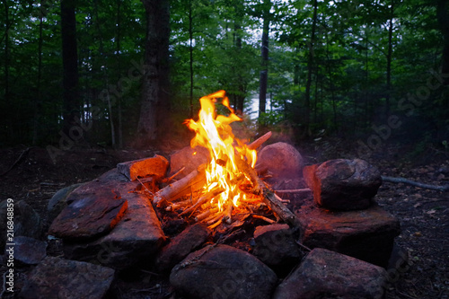 Campfire burning in the Adirondack Mountains. Essential Survival and Bushcraft skills