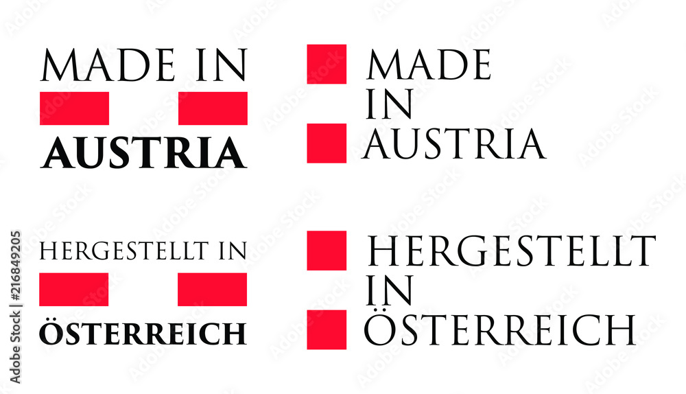 Simple Made in Austria / Hergestellt in Osterreich (german translation) label. Text with national colors arranged horizontal and vertical.