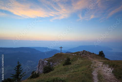 A foggy blue hour at a mountain top. Mont Granier, France.