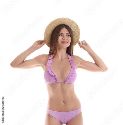 Sexy young woman in bikini on white background
