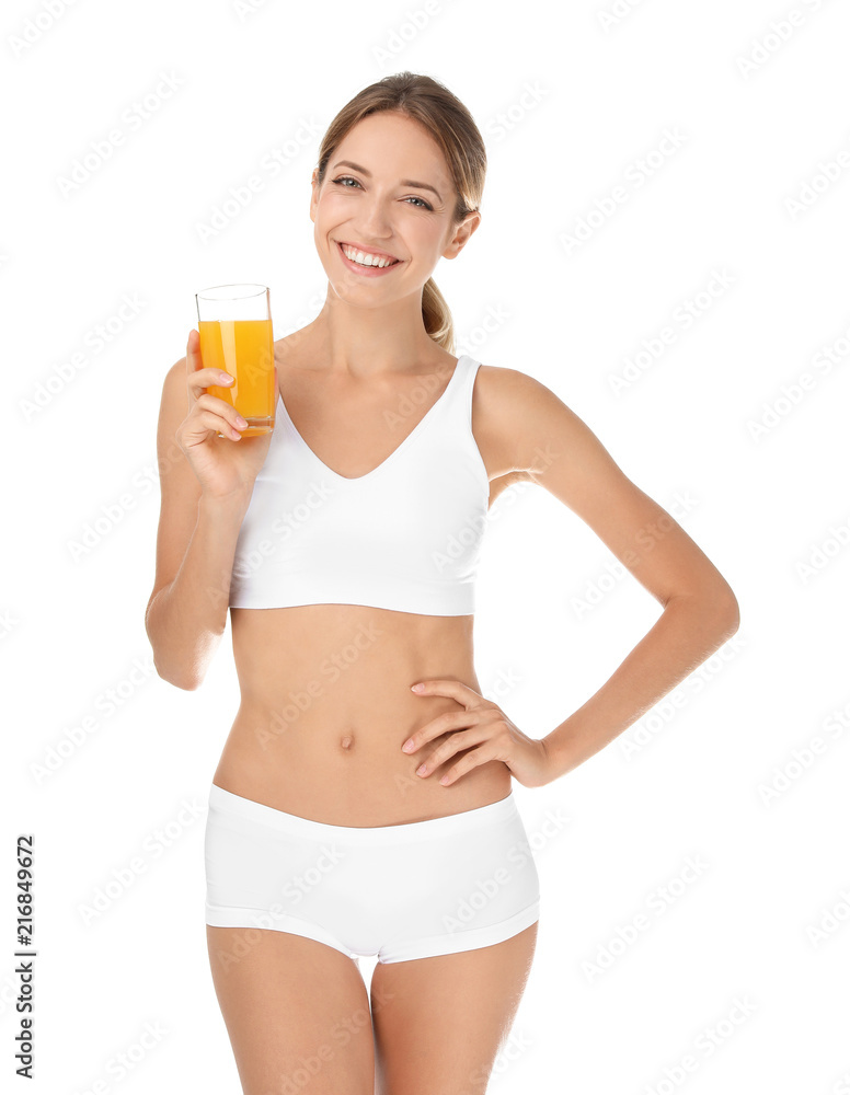 Happy slim woman in underwear holding glass of juice on white background. Weight loss diet Happy slim woman in underwear holding glass of juice on white background. Weight loss diet