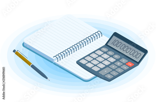 Flat vector isometric illustration of opened copybook, pen, electronic calculator. Office and business workplace concept: paper notepad and accounting calculator. School, education workspace supplies.
