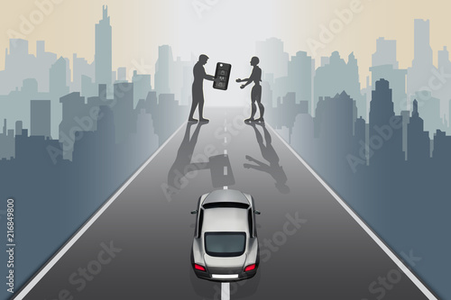 Artificial Intelligence futuristic technology innovative concepts self-driving autopilot in near future. Silhouette of design man give supercar keys to robot on city road, abstract vector illustration