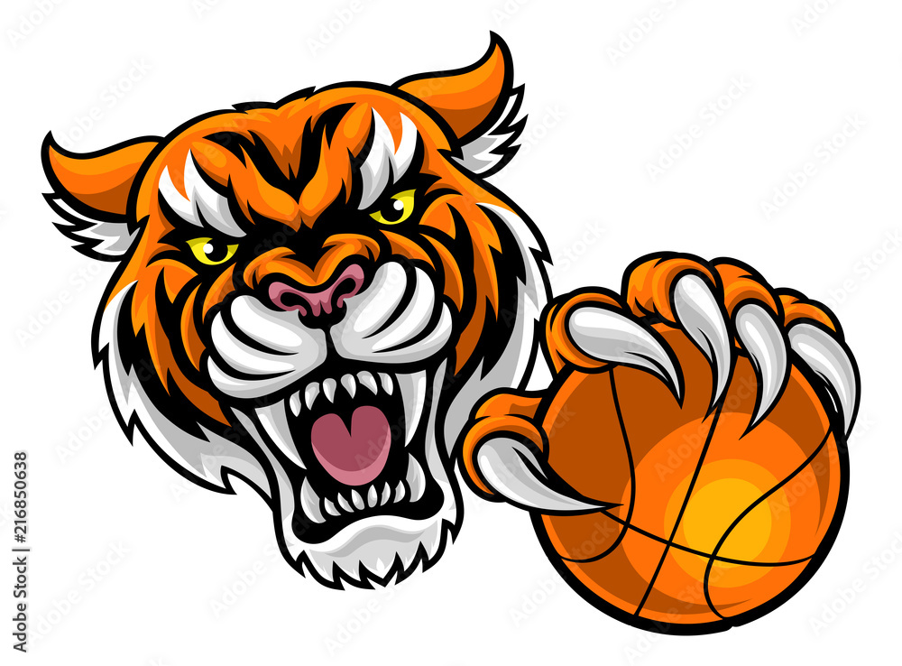 Fototapeta premium Tiger Holding Basketball Ball Mascot