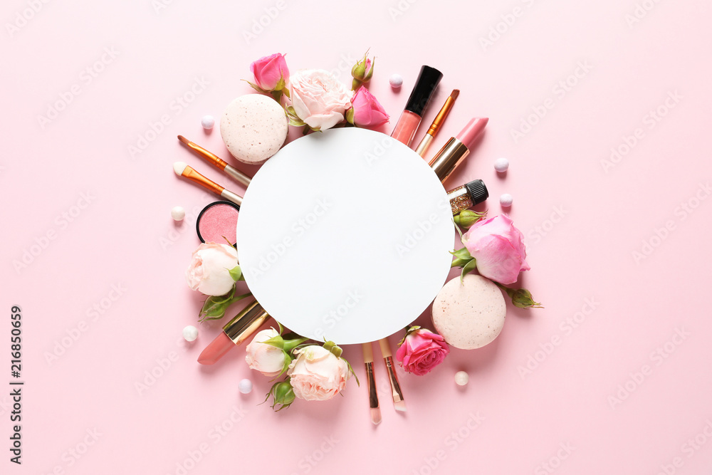 Flat lay composition with card and products for decorative makeup on pastel pink background - obrazy, fototapety, plakaty 