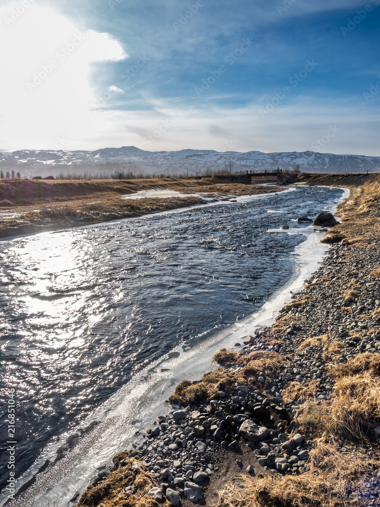Obraz premium Frozen water in river near Gluggafoss, Iceland