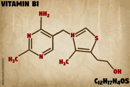 Detailed infographic illustration of the molecule of Vitamin B1.