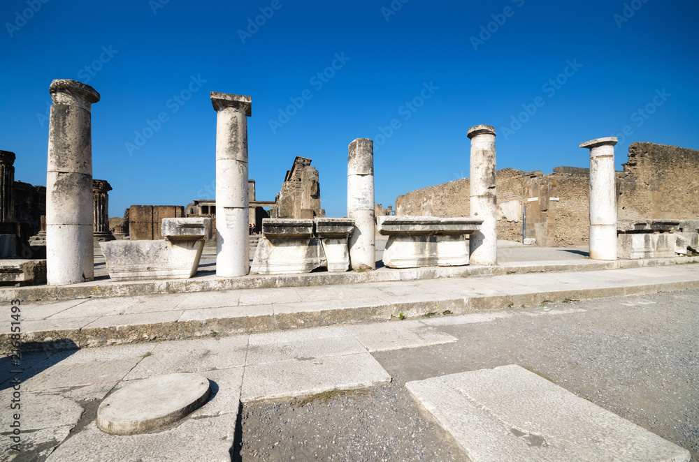 Ruins of the ancient roman city of Pompeii, which was destroyed by volcano, Mount Vesuvius, about two millenniums ago, 79 AD