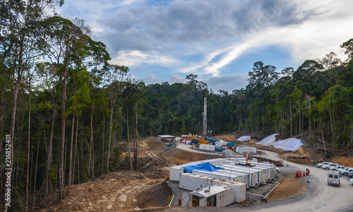 Drilling land rig in oil and gas exploration; location Borneo rain forest