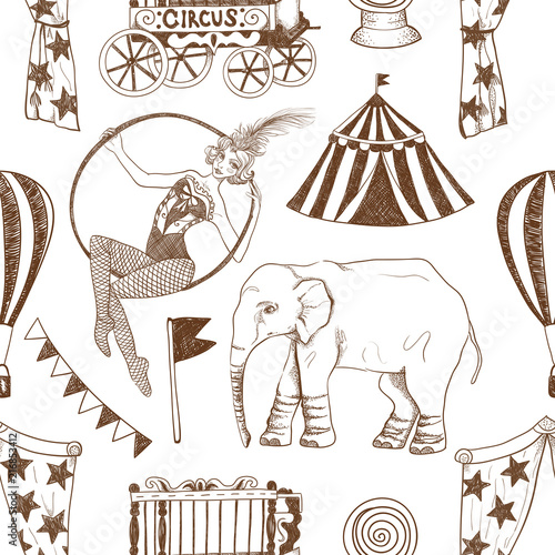 Circus seamless vector pattern. Circus tent, elephant, balloon, flags, ball on white background