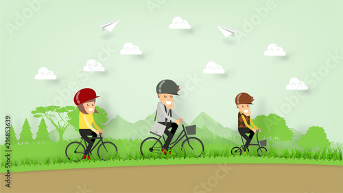 illustration vector paper craft design of happiness family riding bicycle on the hill, family cycling on mountain, family activity concept