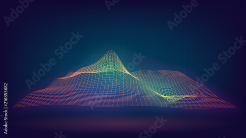 Glowing grid with waves, relief, abstract, technology