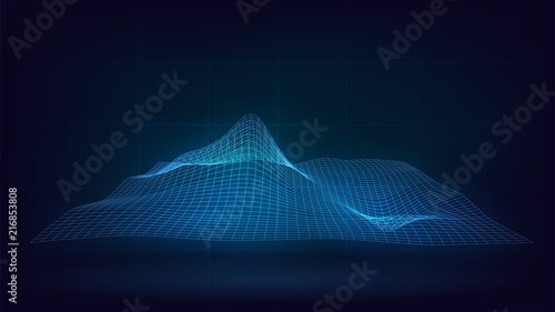 Blue glowing grid with waves, relief, abstract, technology