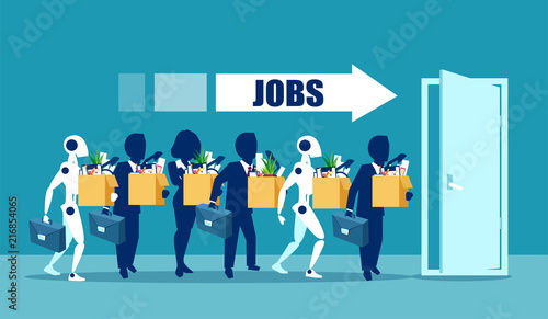 Human vs Robots concept. Business job applicants competing with artificial intelligence