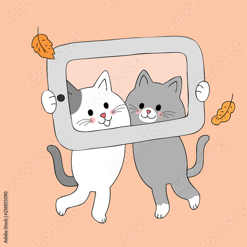 Cartoon cute Autumn cats selfie vector.