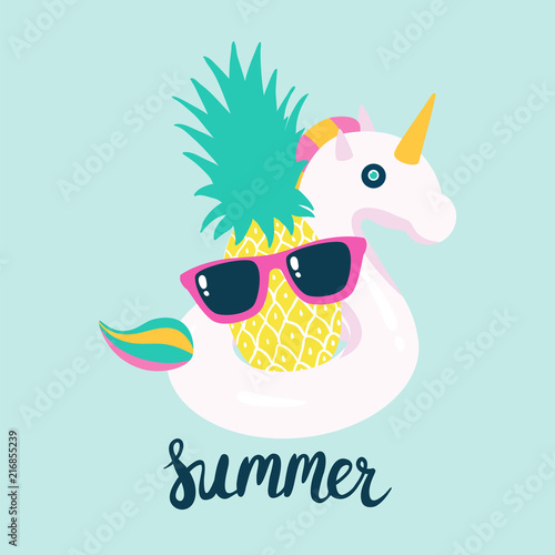 Summer poster pool floating with unicorn and pineapple. Vector illustration