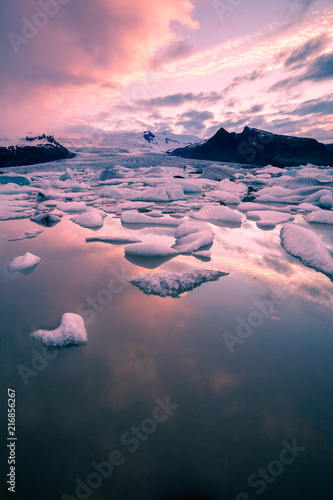 Sunset over Fjallsárlón glacier, Iceland.