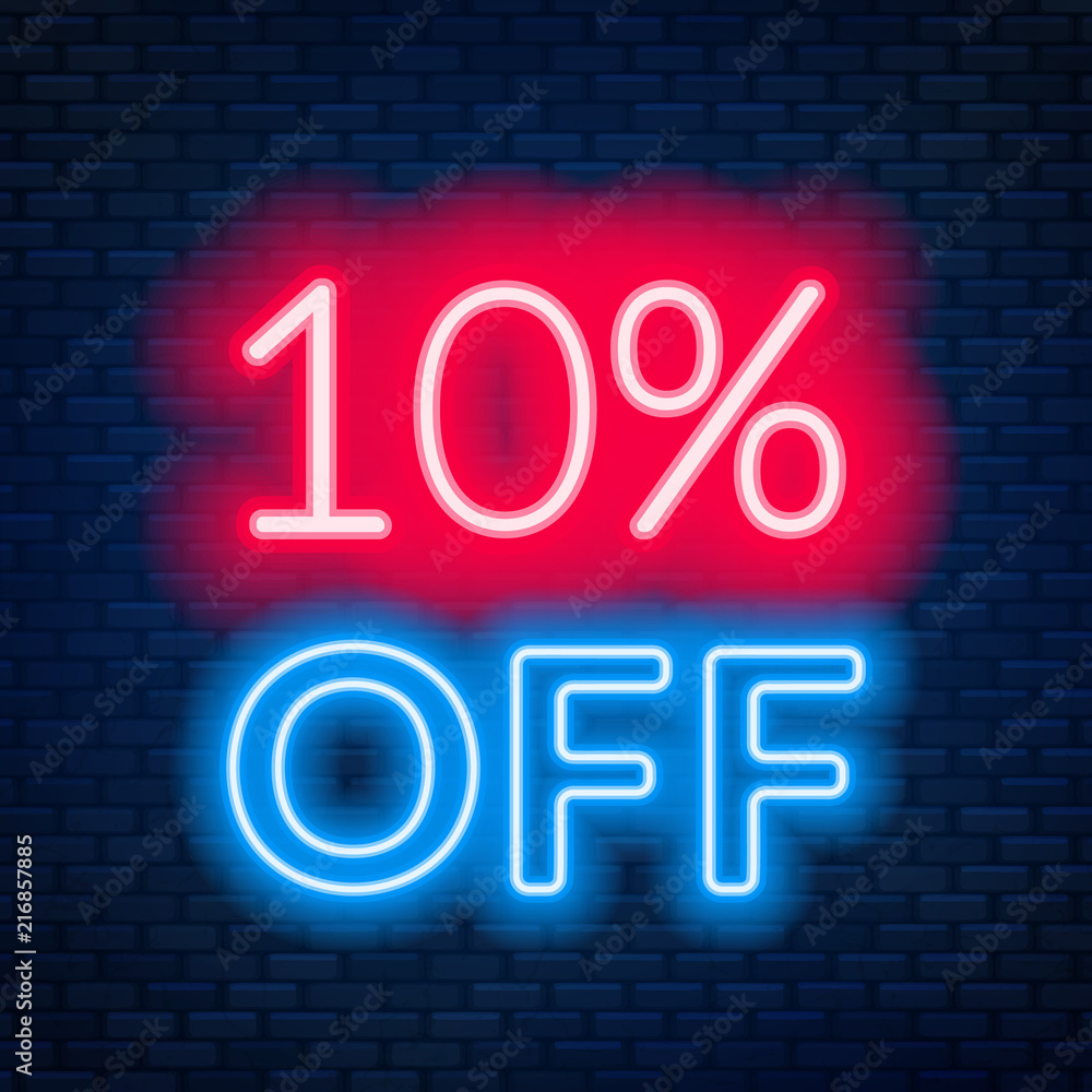 10 percent off neon lettering on brick wall background. 10 percent off neon lettering on brick wall background.