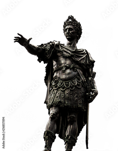 Black and white isolated statue of the great roman imperator Juluis Caeser leader of the big empire