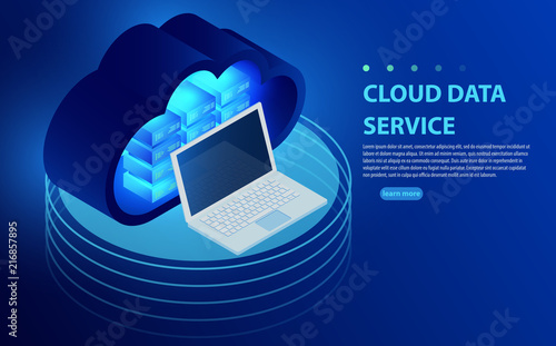 Isometric cloud storage concept. Synchronization backend cloud data storage with laptop.