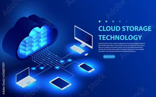 Isometric Cloud Hosting Network vector Banner Design. Online Computing Storage 3D concept.