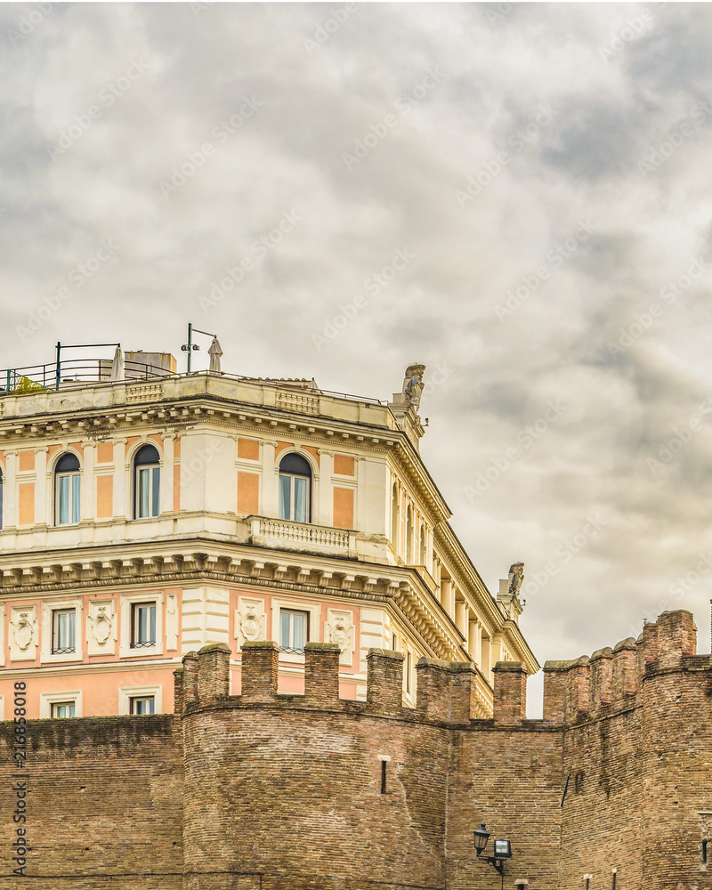 Battlement and Buildings, Rome, Italy