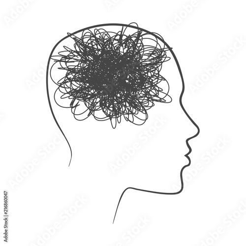Outline face drawing in profile, conception of thought, brainstorming or anxiety and mental disorders