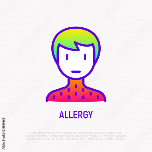 Man with rash thin line icon. Modern vector illustration of allergy symptom.