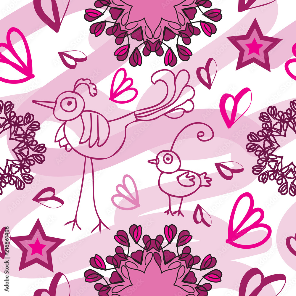 Birdies and Mandala Flowers-Birdies Doodles Seamless Repeat Pattern.