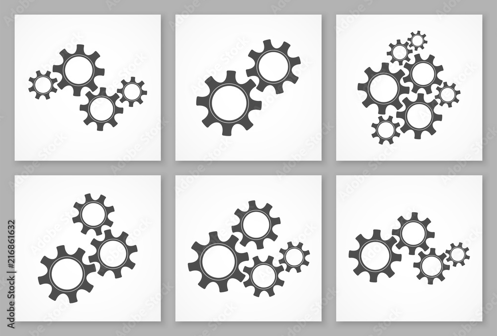 Collection of black gears business vector illustration. Cooperation concept element set, six engine systems with cog and gear signify human communication and teamwork. Cogwheel web design graphic. Collection of black gears business vector illustration. Cooperation concept element set, six engine systems with cog and gear signify human communication and teamwork. Cogwheel web design graphic.