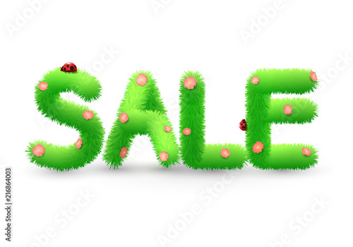 Sale, grass letters with flowers and ladybirds. Summer or spring sale