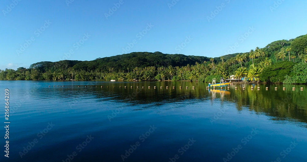 fishing boat in a tropical landscape, French Polynesia