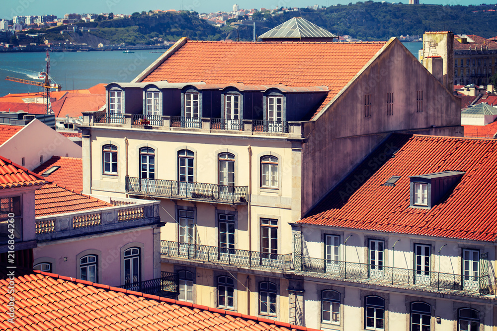 buildings with red roof in center of Lisbon, Portugal