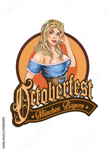 Pretty Bavarian girl. Oktoberfest label ghotic lettering. Ribbon banner.