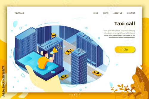Vector concept illustration - man with phone, catching taxi cab. Modern bright banner, site template with place for your text.
