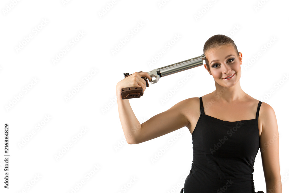 Young beautiful woman holding a sport gun on white background Young beautiful woman holding a sport gun on white background
