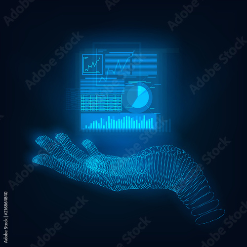 A hologram hand holding or demonstrating analytical Infographic