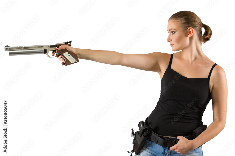Young beautiful woman holding a sport gun on white background Young beautiful woman holding a sport gun on white background