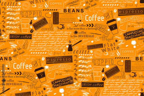 Text Lettering of Coffee and Cafe Terms Background. Seamless Vector Pattern and Texture