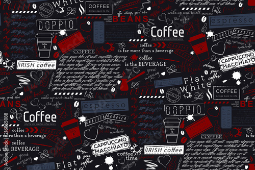 Text Lettering of Coffee and Cafe Terms Background. Seamless Vector Pattern and Texture