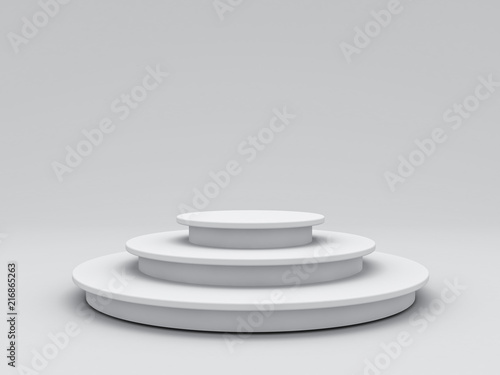 Blank white podium isolated on grey background with shadow 3D rendering