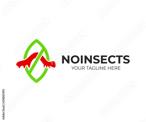 Pest control and with insects, caterpillar on a leaf with ban anti pest, logo design. Farming, farm, agriculture and agricultural, vector design. Nature illustration