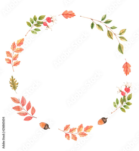 Hand drawn watercolor illustration. Wreath with fall leaves, acorns and berries. Forest design elements. Hello Autumn! Perfect for seasonal advertisement, invitations, cards